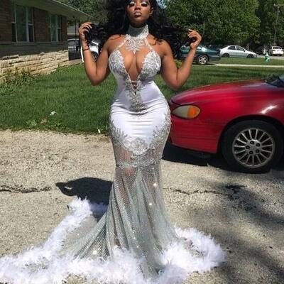 Sexy mermaid black girl silver prom dresses formal evening dress