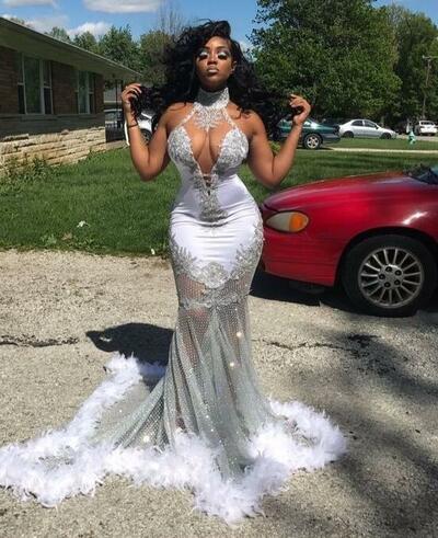 Sexy Mermaid Black Girl Silver Prom Dresses Formal Evening Dress