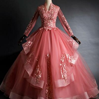 Vintage pink high neck long sleeves quinceanera dresses - Thumbnail 3
