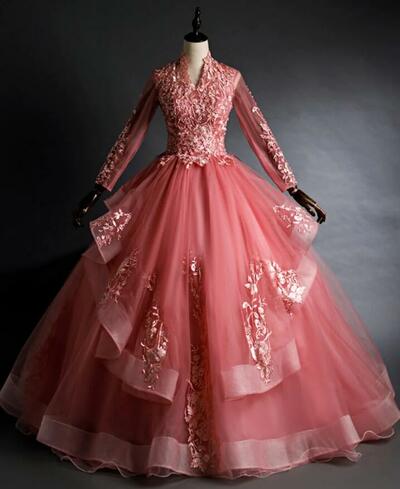 Vintage Pink High Neck Long Sleeves Quinceanera Dresses