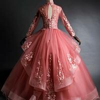 Vintage Pink High Neck Long Sleeves Quinceanera Dresses - Thumbnail 1