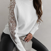 Round Neck Solid Color Spliced Long Sleeved Sweater - Thumbnail 1