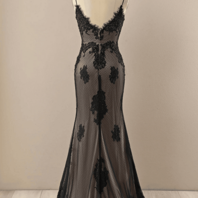 Black v neck beaded lace evening dress, lace mermaid prom dress kpp1698