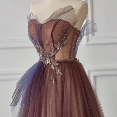 A line purple gradient tulle beaded long party dress, purple tulle prom dress kpp1699