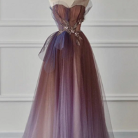 A line Purple Gradient Tulle Beaded Long Party Dress, Purple Tulle Prom Dress KPP1699 - Thumbnail 1
