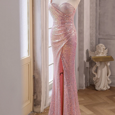 Pink sequins mermaid sweetheart long prom dress, pink sequins evening dress kpp1700