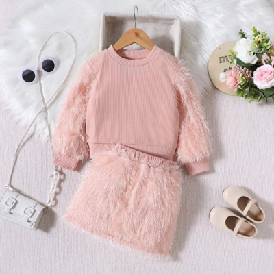 Toddler girls long sleeve pink sweater and furry skirt two piece clothes set free shipping