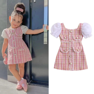 Toddler girls pink plaid dress short puff sleeve pearl trimmed spring dress free shipping