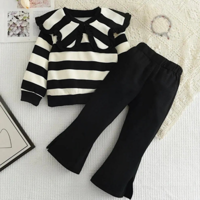 Toddler girls long sleeve black and white striped ruffle neck sweater flared pants set free shipping