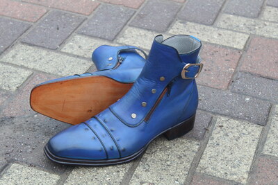 Jo Ghost Blue Classic Italian Calf Leather Ankle High Jodhpur Buckle Boot with Zipper and Button