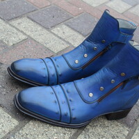 Jo Ghost Blue Classic Italian Calf Leather Ankle High Jodhpur Buckle Boot with Zipper and Button - Thumbnail 1