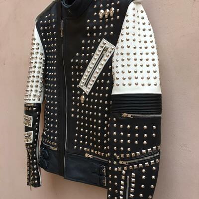 Crafted leather classic black white handmade men's fashion biker studded leather jacket