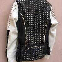 Crafted Leather Classic Black White Handmade Men's Fashion Biker Studded Leather Jacket - Thumbnail 1
