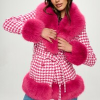 Pink Houndstooth Fur Coat - Thumbnail 2