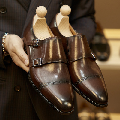  Three joint double buckle men's formal leather fashionable monk shoes 2 colors