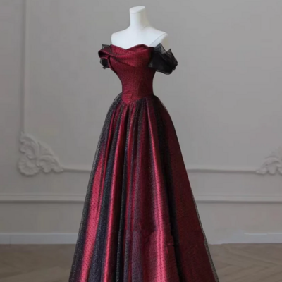 Black and red off shoulder satin long prom dress, off the shoulder party dress kpp1701