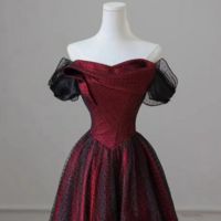 Black and Red Off Shoulder Satin Long Prom Dress, Off the Shoulder Party Dress KPP1701 - Thumbnail 2
