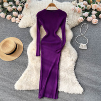 Long sleeved Round Neck Sexy Slim Fit Dress for Women - Thumbnail 1