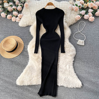 Long sleeved Round Neck Sexy Slim Fit Dress for Women - Thumbnail 2