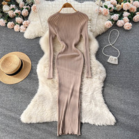 Long sleeved Round Neck Sexy Slim Fit Dress for Women - Thumbnail 3