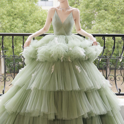 Green v-neck spaghetti strap long a-line ball gown