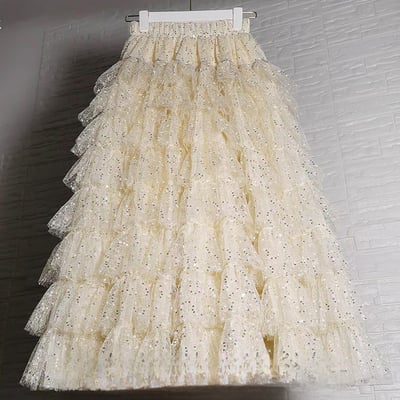 Champagne gold long sequin tulle skirt outfit women custom plus size sparkly layered tulle skirts 