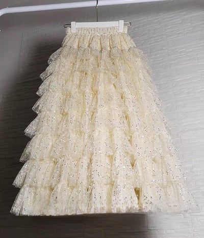 Champagne Gold Long Sequin Tulle Skirt Outfit Women Custom Plus Size Sparkly Layered Tulle Skirts 