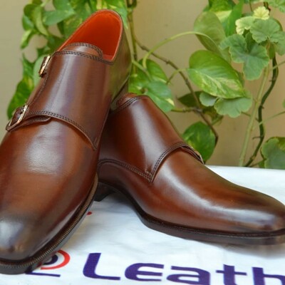 Crafted leather handmade brown double monk strap dress shoes - Thumbnail 4