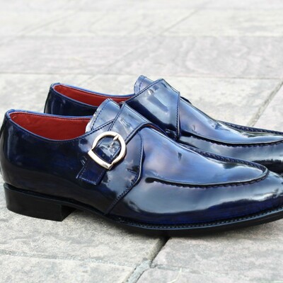 Crafted leather men's handmade custom shoes blue patent leather monk strap  - Thumbnail 4