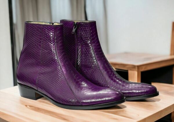 Men's Burgundy Python Skin Texture Leather Boot, Handmade Whole Cut Side Zipper Ankle High Boot