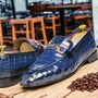 Men's Brown Alligator Skin Texture Leather Moccasin, Handmade Apron Toe Horse Bit Leather Loafers -2