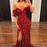 Fuchsia Mermaid Sequins Prom Dresses, Off The Shoulder Long Evening Party Dress - Thumbnail 2