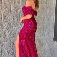 Fuchsia Mermaid Sequins Prom Dresses, Off The Shoulder Long Evening Party Dress - Thumbnail 1