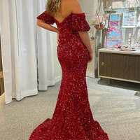 Fuchsia Mermaid Sequins Prom Dresses, Off The Shoulder Long Evening Party Dress - Thumbnail 4