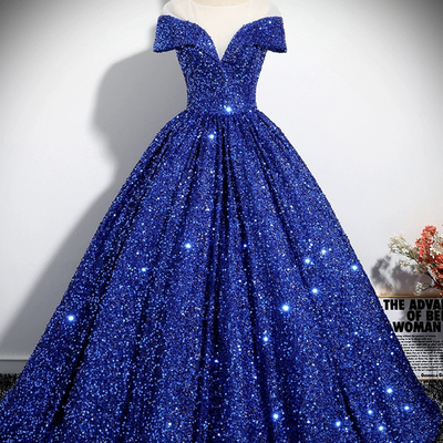 Blue sequins long a-line ball gown - Thumbnail 1