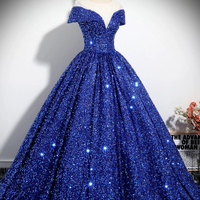 Blue Sequins Long A-Line Ball Gown - Thumbnail 2