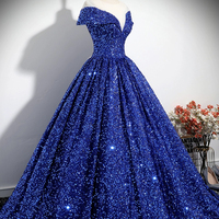 Blue Sequins Long A-Line Ball Gown - Thumbnail 3