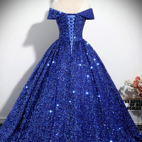 Blue Sequins Long A-Line Ball Gown - Thumbnail 4
