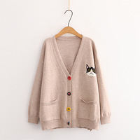 Embroidered kitten cozy V-neck preppy long-sleeved sweater - Thumbnail 2