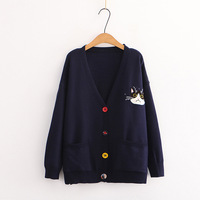 Embroidered kitten cozy V-neck preppy long-sleeved sweater - Thumbnail 3