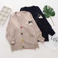 Embroidered kitten cozy V-neck preppy long-sleeved sweater - Thumbnail 5