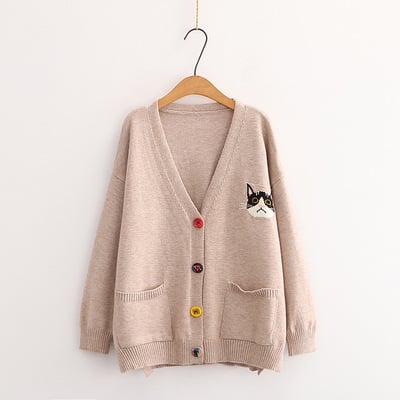 Embroidered kitten cozy v-neck preppy long-sleeved sweater