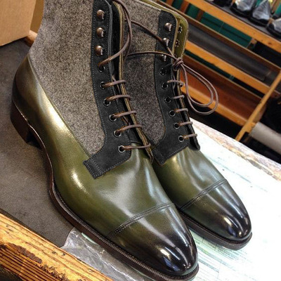 Handmade bottle green leather with grey texture handmade formal lace up boot 