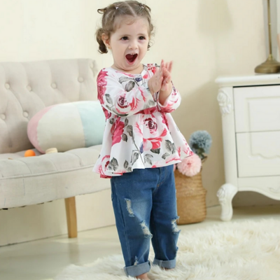 Baby and toddler girls floral print long sleeve top and ripped jeans 2pc set free shipping