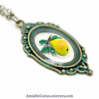 Yellow Pear Branch Cameo, Floating Fruits series, original polymer clay and resin jewelry, antique bronze - Thumbnail 2