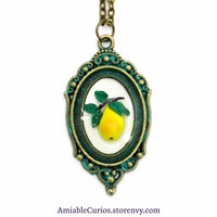 Yellow Pear Branch Cameo, Floating Fruits series, original polymer clay and resin jewelry, antique bronze - Thumbnail 1