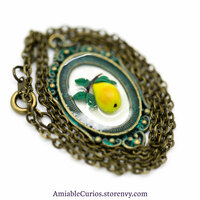 Yellow Pear Branch Cameo, Floating Fruits series, original polymer clay and resin jewelry, antique bronze - Thumbnail 3