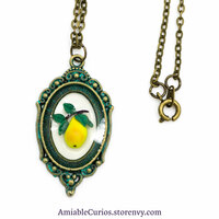 Yellow Pear Branch Cameo, Floating Fruits series, original polymer clay and resin jewelry, antique bronze - Thumbnail 7