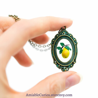 Yellow Pear Branch Cameo, Floating Fruits series, original polymer clay and resin jewelry, antique bronze