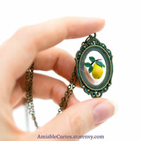 Yellow Pear Branch Cameo, Floating Fruits series, original polymer clay and resin jewelry, antique bronze - Thumbnail 8